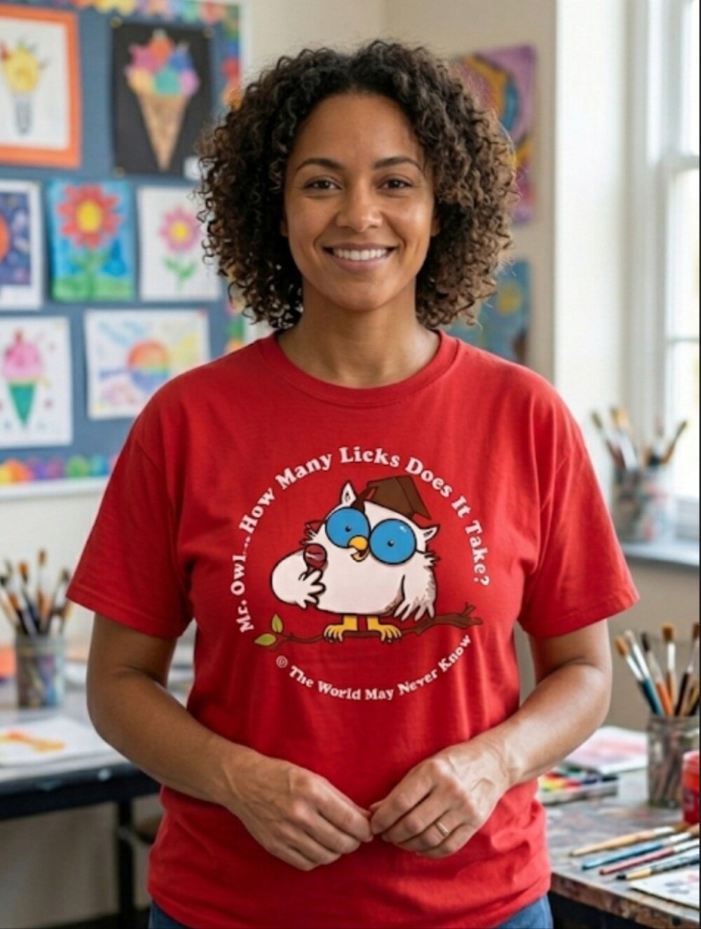 Red Mr. Owl Tootsie Roll Graphic Unisex T-Shirt - Picture 8 of 9
